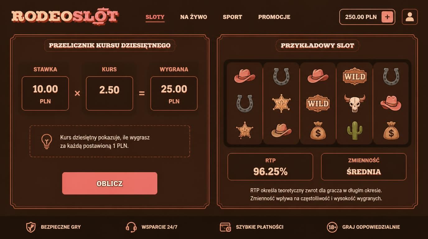 Tabela z obliczeniem kursu dziesiętnego i analogia do slotu