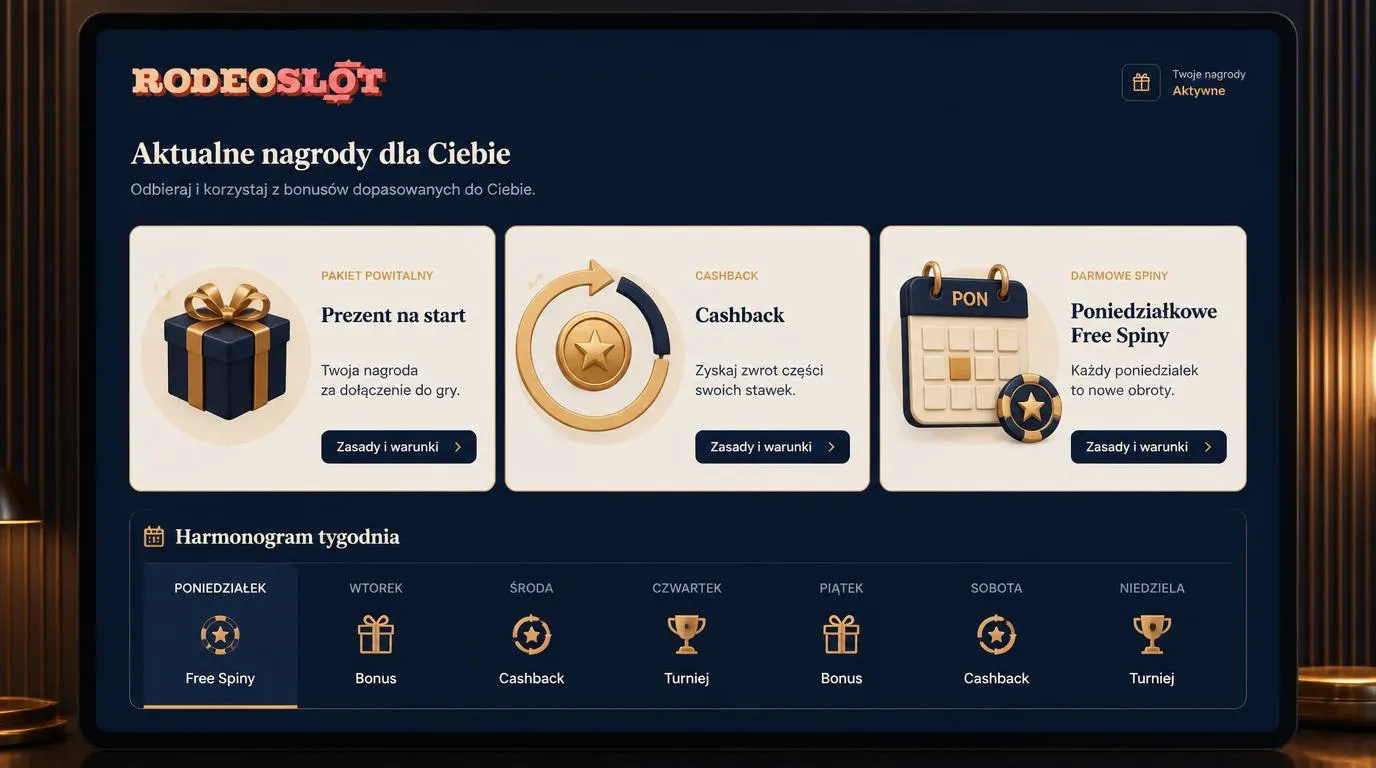 Panel promocji kasynowych z bonusem powitalnym, cashbackiem i kalendarzem nagród tygodniowych