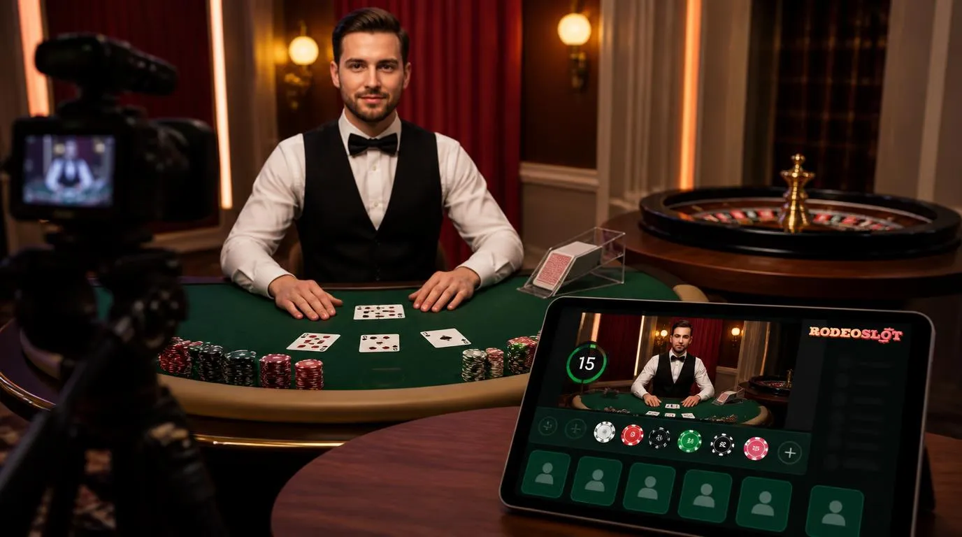 Krupier przy stole do blackjacka, koło ruletki i ekran z panelem zakładów kasyna na żywo
