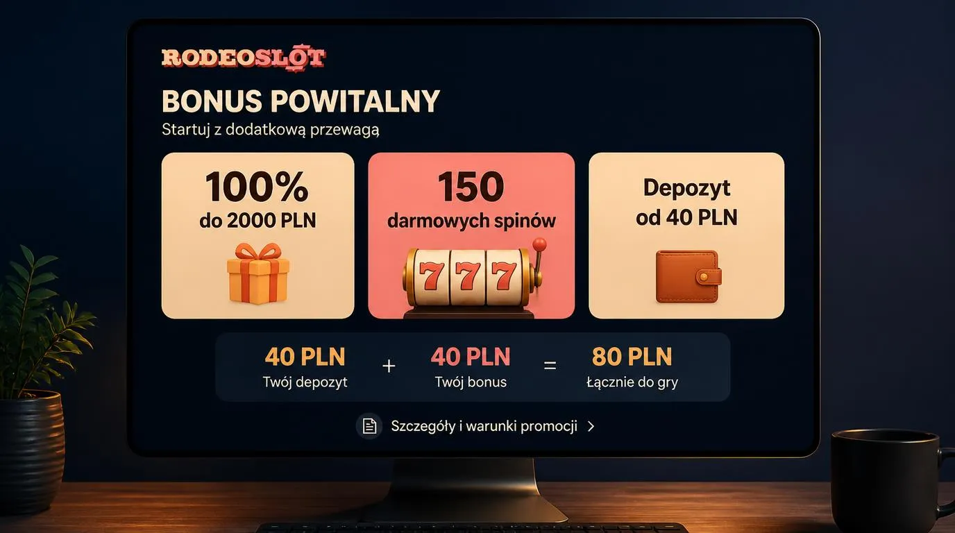 Panel bonusu powitalnego z ofertą 100% do 2000 PLN, 150 darmowymi spinami i depozytem od 40 PLN